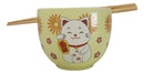 Maneki Neko Lucky Cat Yellow Ceramic Donburi Ramen Soup Bowl With Chopsticks Set