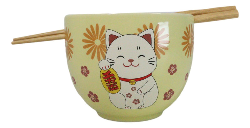 Maneki Neko Lucky Cat Yellow Ceramic Donburi Ramen Soup Bowl With Chopsticks Set