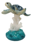 Nautical Blue Sea Turtle Swimming Over Acrylic Coral Reef With Waves Figurine