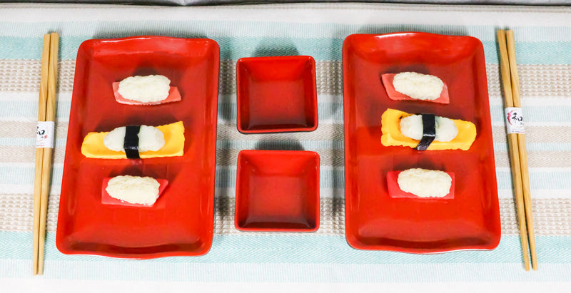 Red Black Melamine Wavy Sushi Plates Sauce Dishes And Chopsticks Set Serves 2