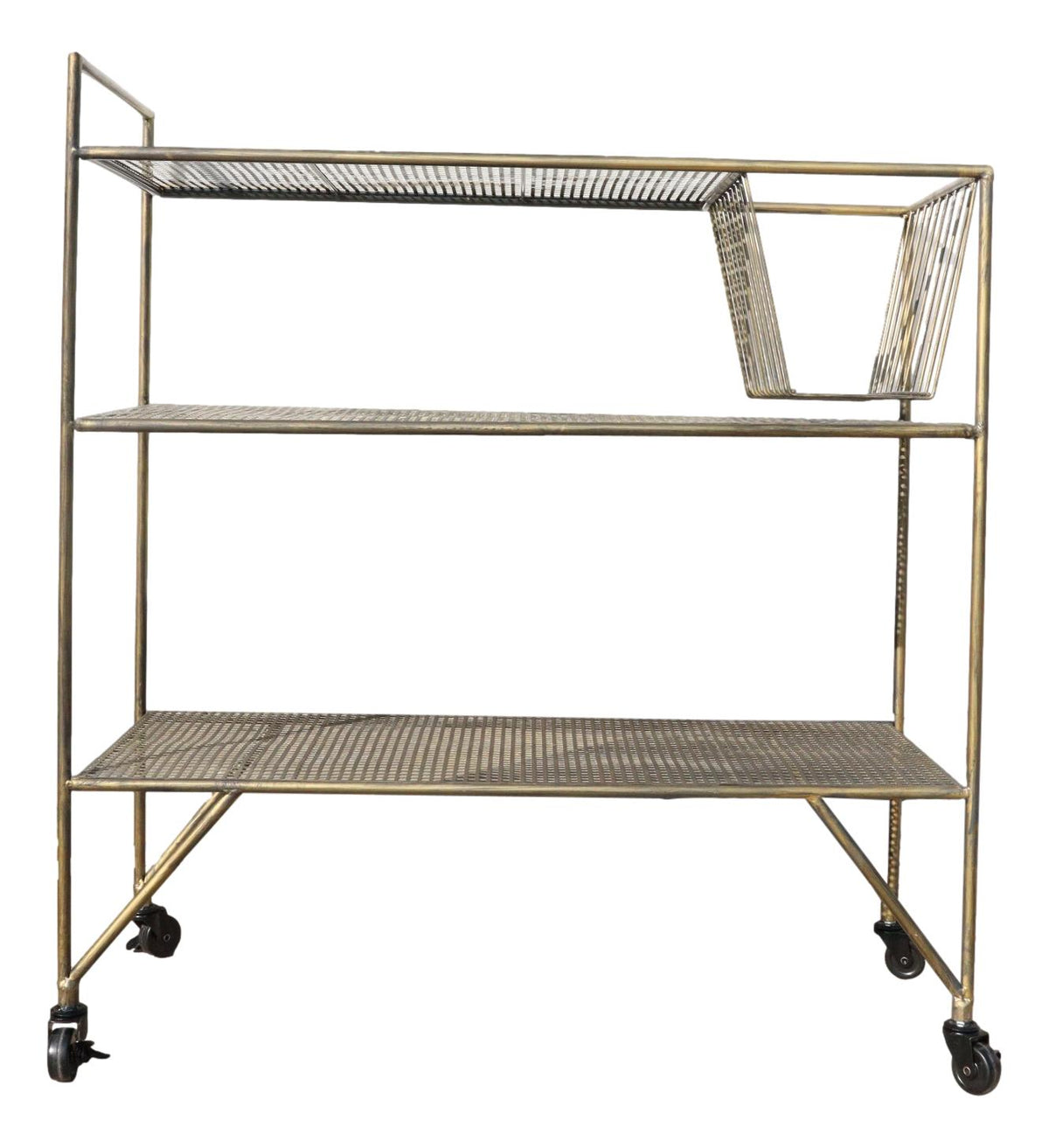 39"H Contemporary Brushed Gold Metal 3 Tier Shelf And Basket Bar Serving Cart