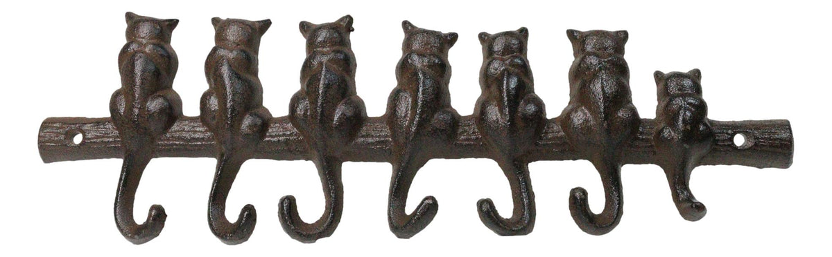 Cast Iron Rustic Abstract Feline Cats With Playful Tails 7 Pegs Wall Hooks Decor
