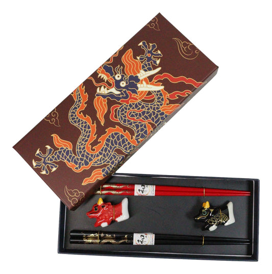 Red And Black Oriental Ryu Dragons Set of 2 Chopsticks And Ceramic Rests Set