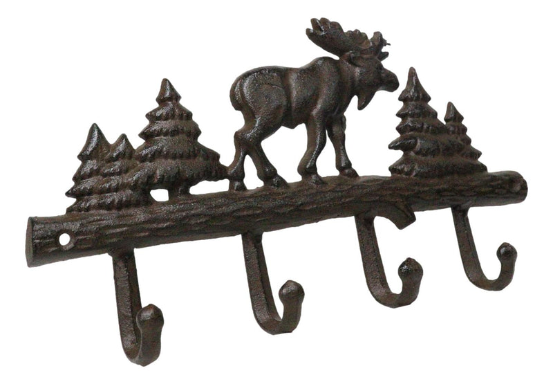 Cast Iron Rustic Western Elk Moose Deer Roaming Pine Woodlands 4-Peg Wall Hooks
