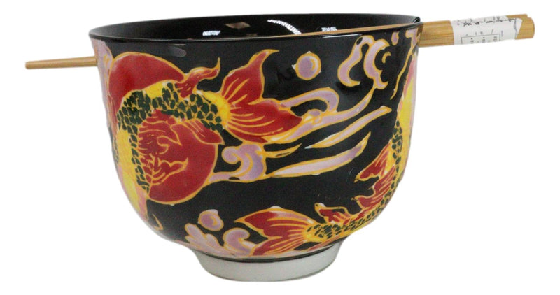 Black Oriental Koi Fishes Ceramic Donburi Ramen Soup Bowl With Chopsticks Set