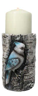 Blue Jay Candle Stand Songbird on Birch Tree Candle Holder Rustic Bird Figurine
