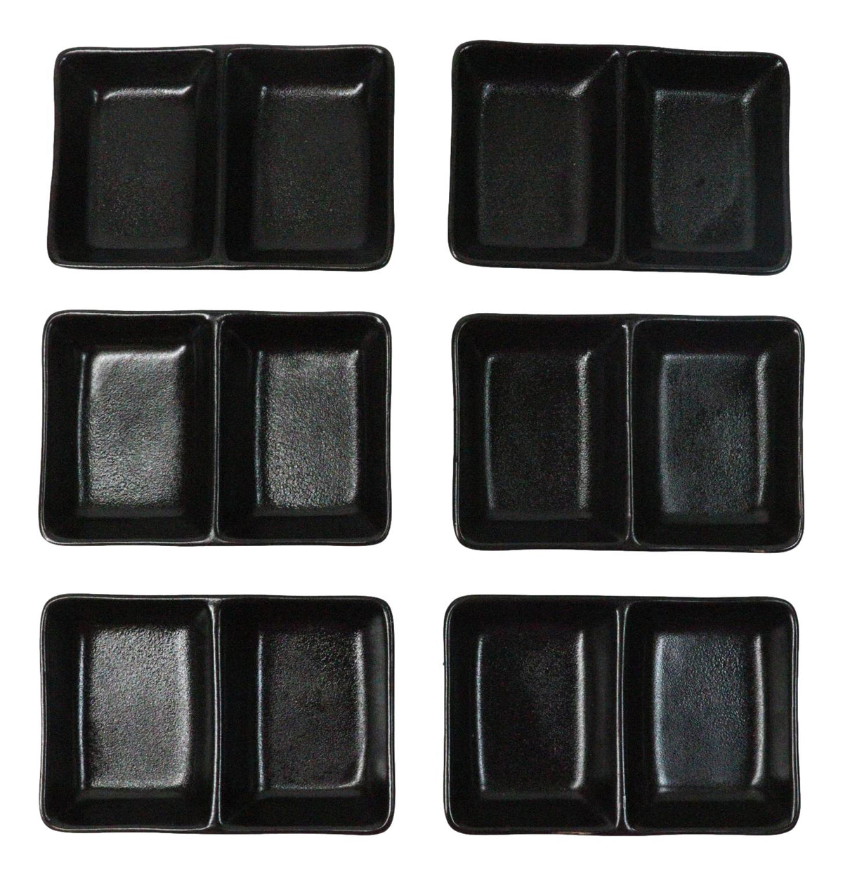 Pack Of 6 Ceramic Black Kokuyo Soy Sauce Or Condiment Dishes Double Partition