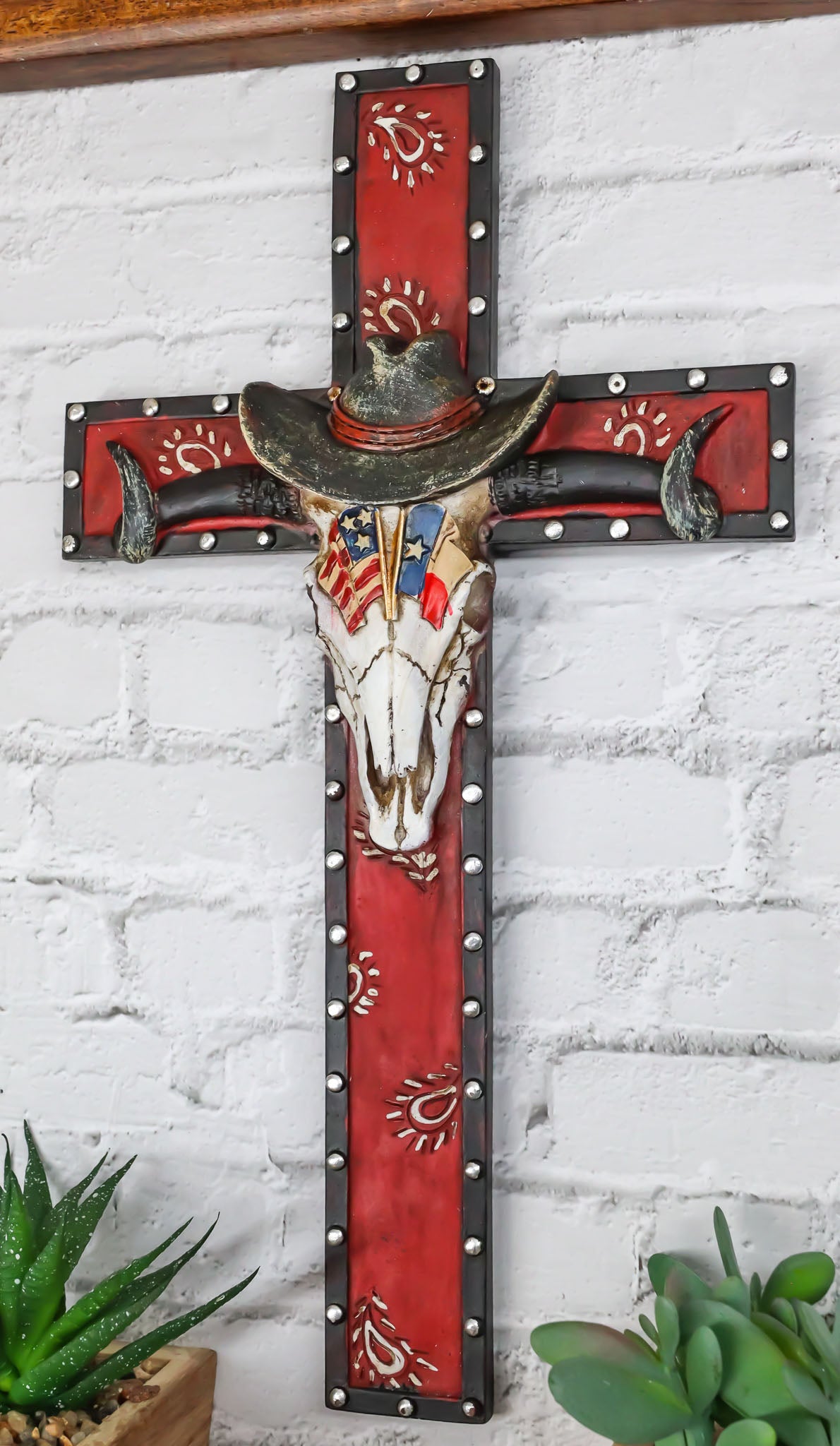 Rustic Western Patriotic Longhorn Cow Skull With USA Texas Flags Hat Wall Cross