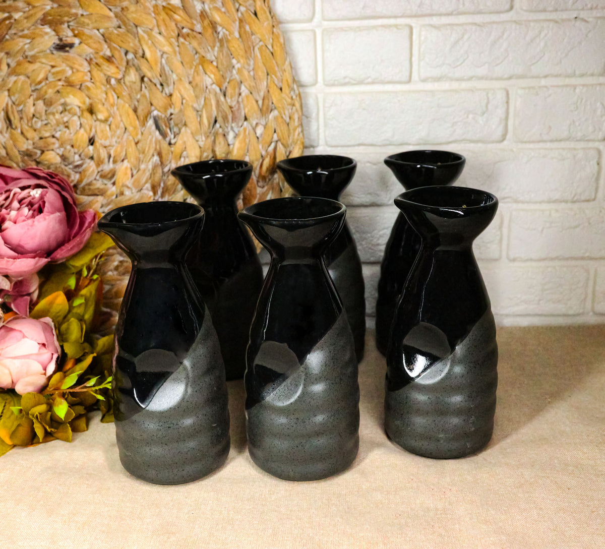 Pack Of 6 Twilight Black And Grey Waterfall Japanese Wine Sake Tokkuri Flask
