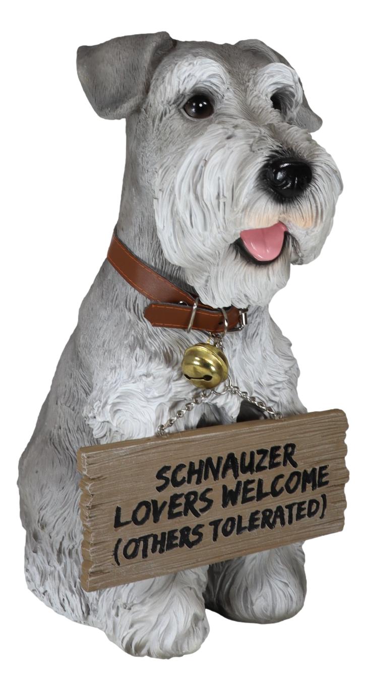 Adorable Grey Schnauzer Dog Sitting With Jingle Collar Greetings Sign Statue - Ebros Gift