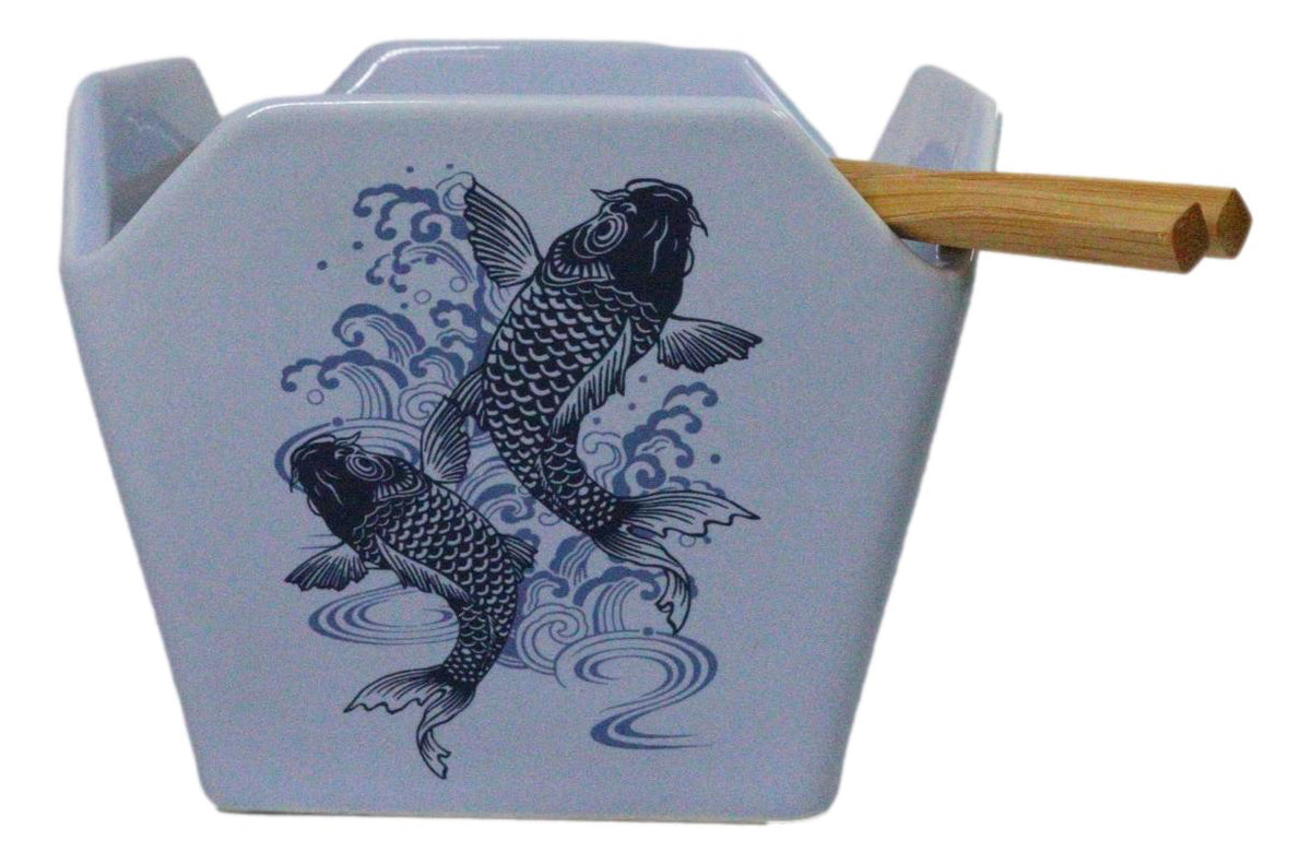 Blue Koi Fishes In Water Takeout To Go Box Serving Bowl With Chopsticks Set