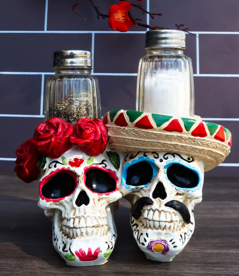 Day Of The Dead Sugar Skulls Roses And Sombrero Hat Salt & Pepper Shakers Holder