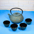 Maple Leaves Momiji Design Blue Tetsubin Cast Iron Tea Pot With 4 Cups Set 37oz