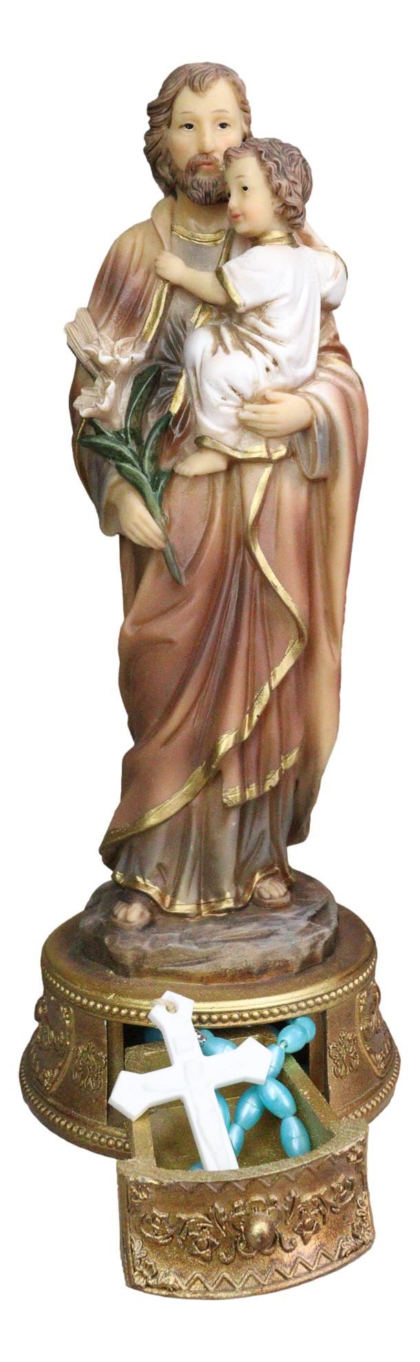 Saint Joseph Carrying Child Jesus Catholic Figurine With Rosary Drawer Box 9"H - Ebros Gift