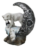 Winter Snow White Wolf Mother With Pup By Snowy Crater Crescent Moon Figurine