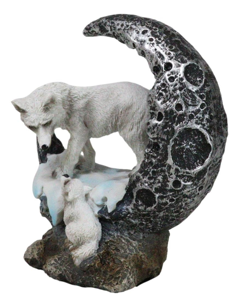 Winter Snow White Wolf Mother With Pup By Snowy Crater Crescent Moon Figurine