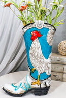 Rustic Western Blue Turquoise White Breasted Rooster Cowboy Boot Vase Figurine