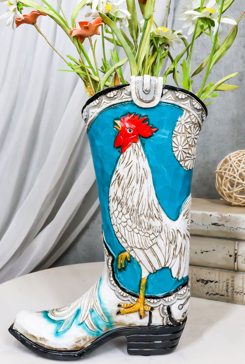 Rustic Western Blue Turquoise White Breasted Rooster Cowboy Boot Vase Figurine