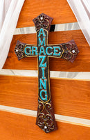 18"H Rustic Western Faux Wooden Amazing Grace Scrollwork Decorative Wall Cross