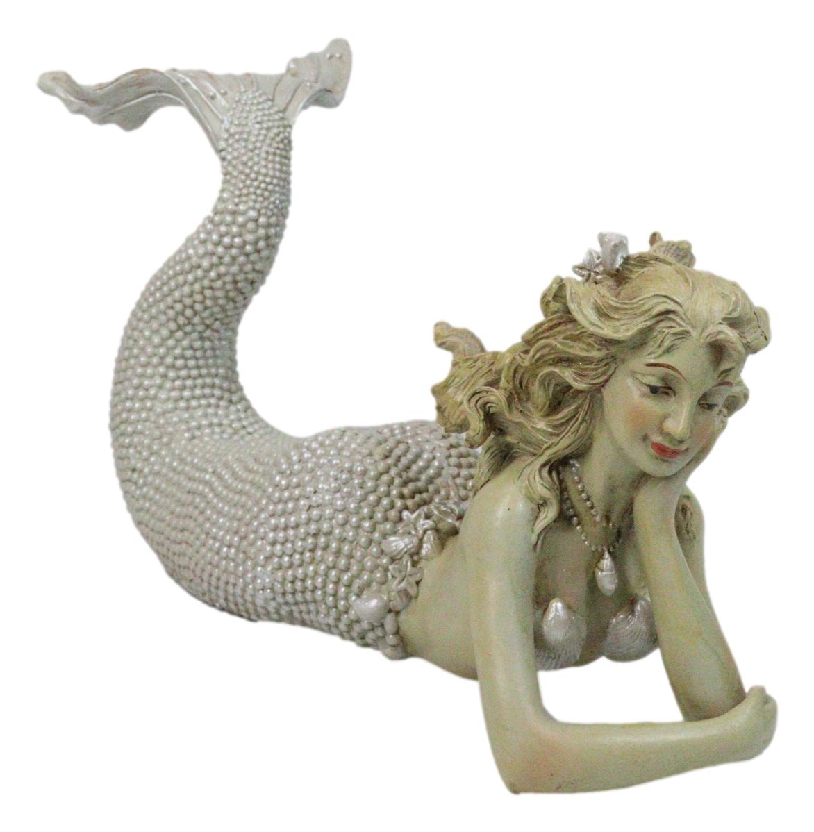 Nautical Marine Vintaged Pearly Mermaid Lying On Belly Daydreaming Figurine 13"L
