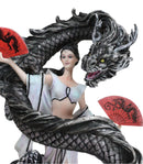 Legends Oriental Black Dragon King With Red Fans Geisha Dancer Fairy Figurine