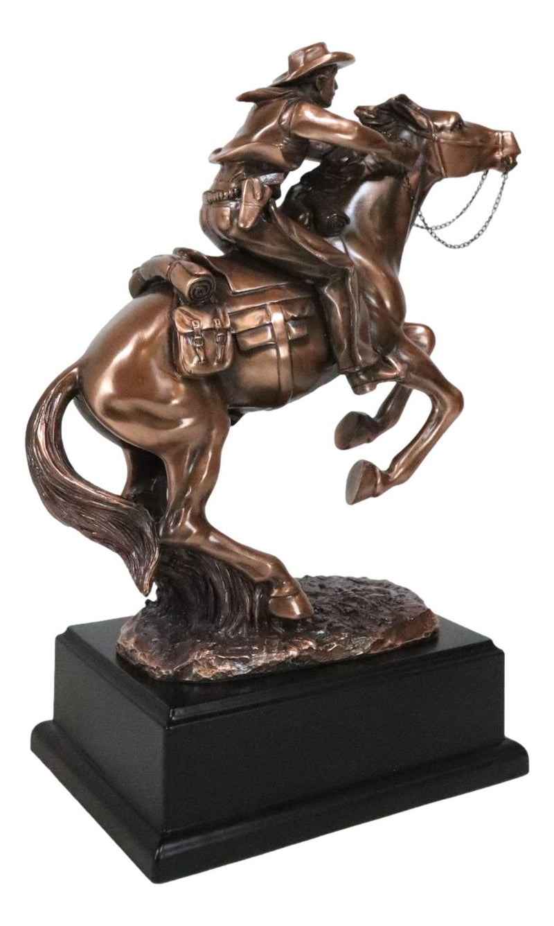 Rustic Western Wild Cowboy Bracing On A Galloping Horse Bronzed Resin Statue