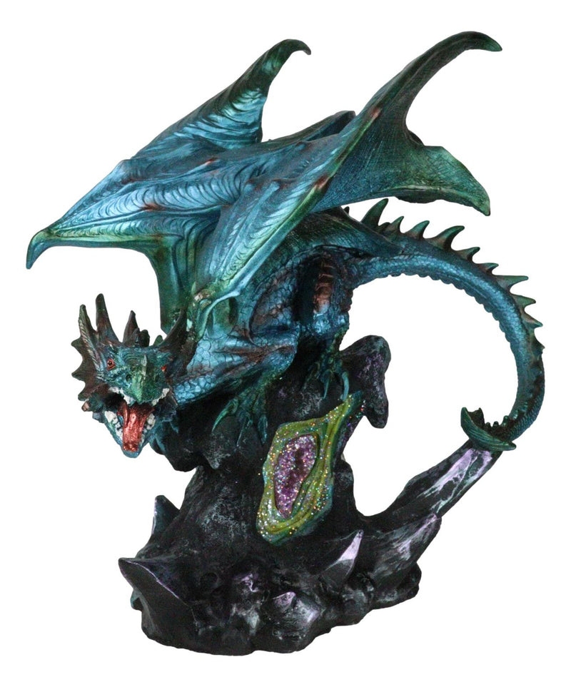 Large Aquamarine Iridescent Dragon Guarding LED Faux Crystal Geode Rock Figurine