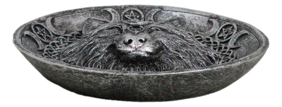 Wicca Celtic Knotwork Triple Moon Pentagram Gray Wolf Round Incense Holder