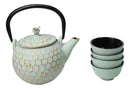 Mint Green Honeycomb Petite Cast Iron Teapot 10oz With 4 Mini Tea Cups Set