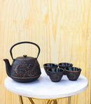 Bronze Oriental Dragon Design Tetsubin Cast Iron Teapot 33oz And 4 Tea Cups Set