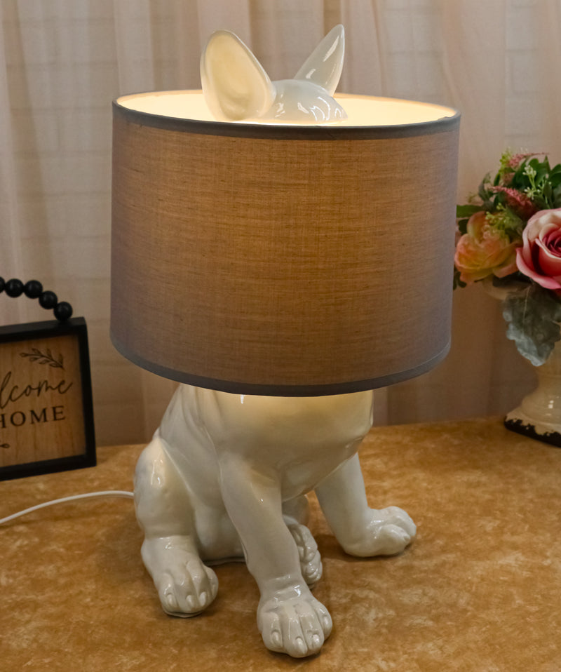 Whimsical Cute White Hiding Dog Desktop Bedside Table Lamp With Fabric Shade 17"