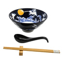 Blue Sky Moon Rabbit Ceramic Ramen Rice Bowl With Soup Spoon Chopsticks And Rest