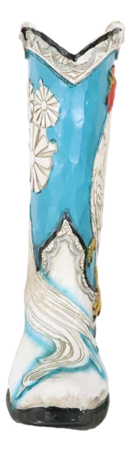 Rustic Western Blue Turquoise White Breasted Rooster Cowboy Boot Vase Figurine