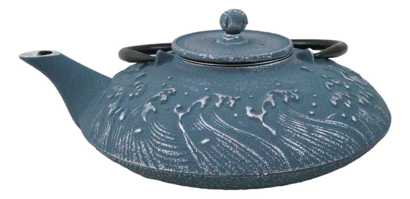 Royal Blue Ocean Sea Waves Cast Iron Tetsubin Teapot With Enamel Liner