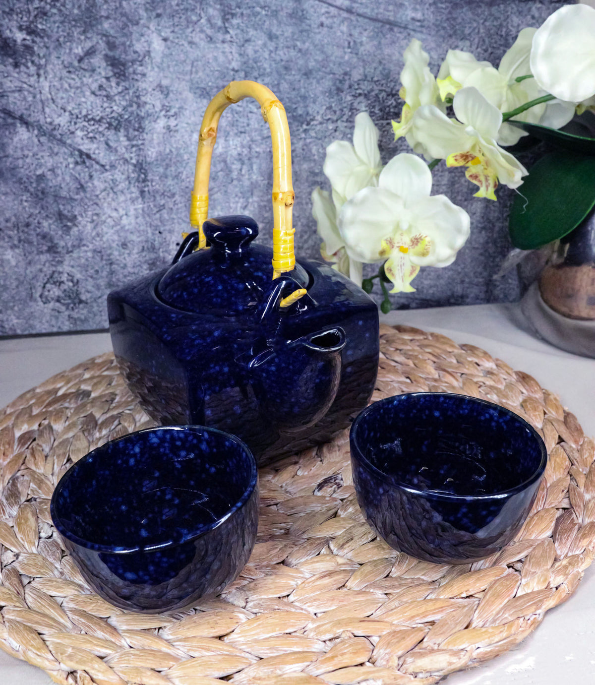 Speckled Navy Blue Zen Fusion Reactive Glaze 32oz Teapot With 2 Tea Cups Set