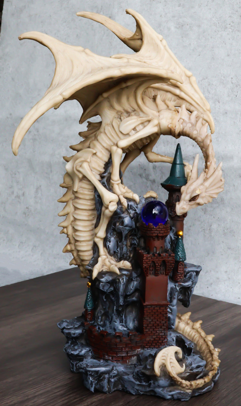 Gothic Skeleton Bone Dragon Perching On Rocky Mountain Castle Tower Figurine