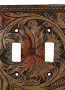 Set of 2 Western Tooled Floral Lace Faux Wood Wall Double Toggle Switch Plates