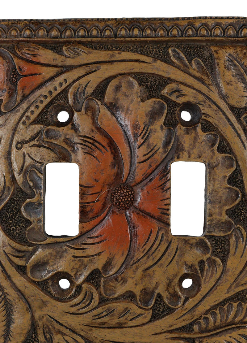 Set of 2 Western Tooled Floral Lace Faux Wood Wall Double Toggle Switch Plates