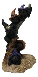 Halloween 5 Black Kitten Cats with Witch Hats Perching On Broomstick Figurine