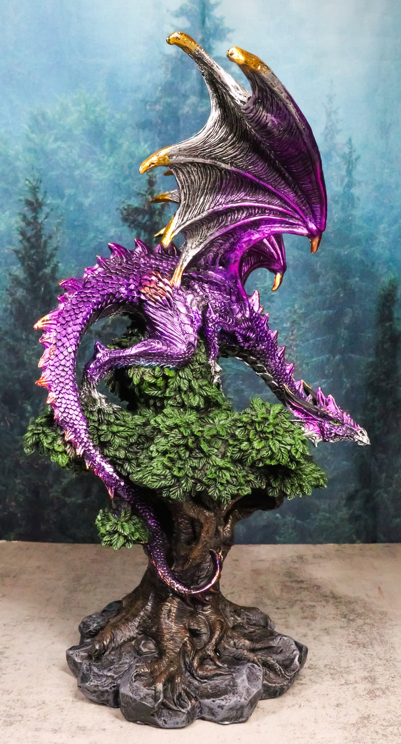 Fantasy Midnight Purple Dragon Perching On Ancient Tree Of Life Figurine