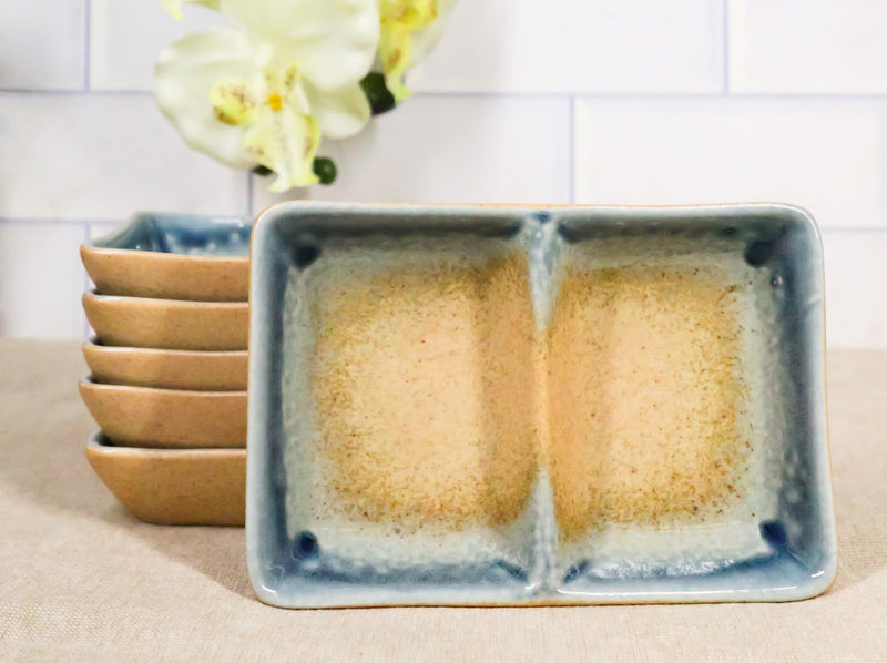 Pack Of 6 Ceramic Ao Nagashi Soy Sauce Or Condiment Dishes With 2 Compartments