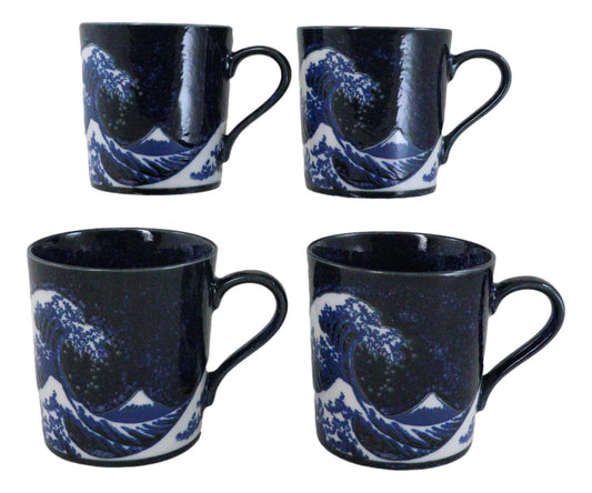 Pack Of 4 Made In Japan Navy Blue Japanese Hokusai Great Wave Of Kanagawa Mugs