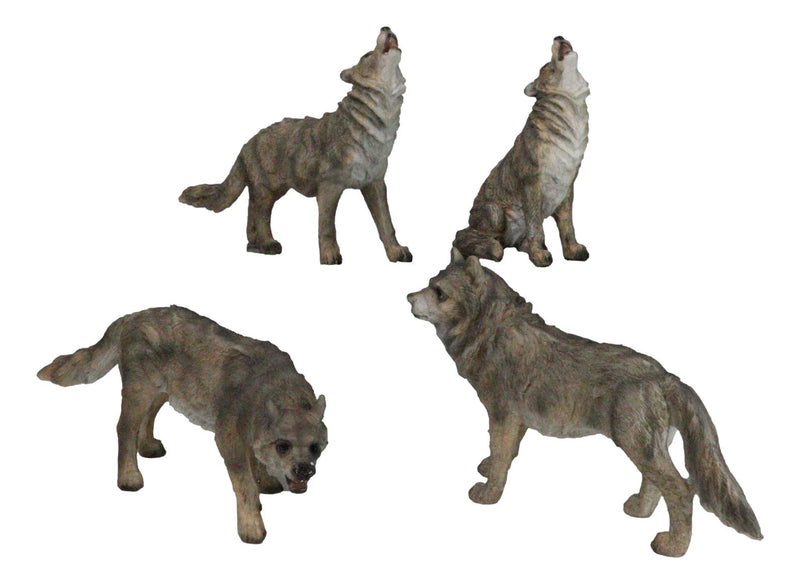 Set Of 4 Mystical Forest Woodland Alpha Gray Wolf Howling And Tracking Figurines