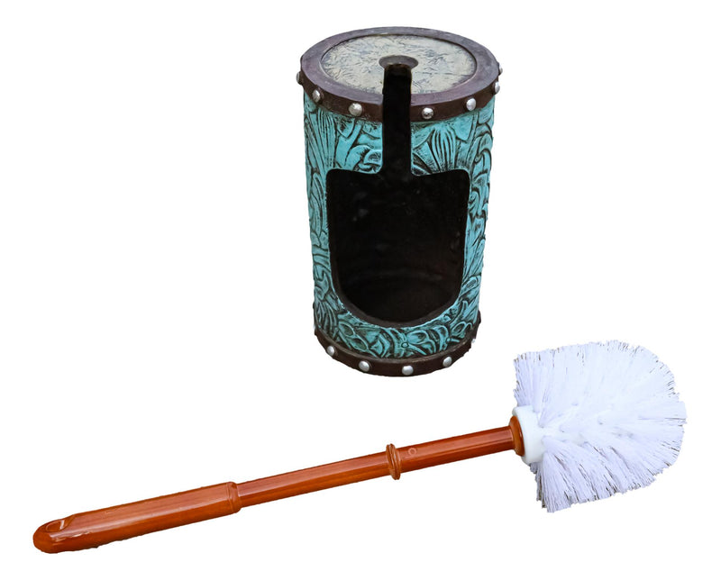 Rustic Vintage Western Turquoise Faux Leather Floral Toilet Brush and Holder Set