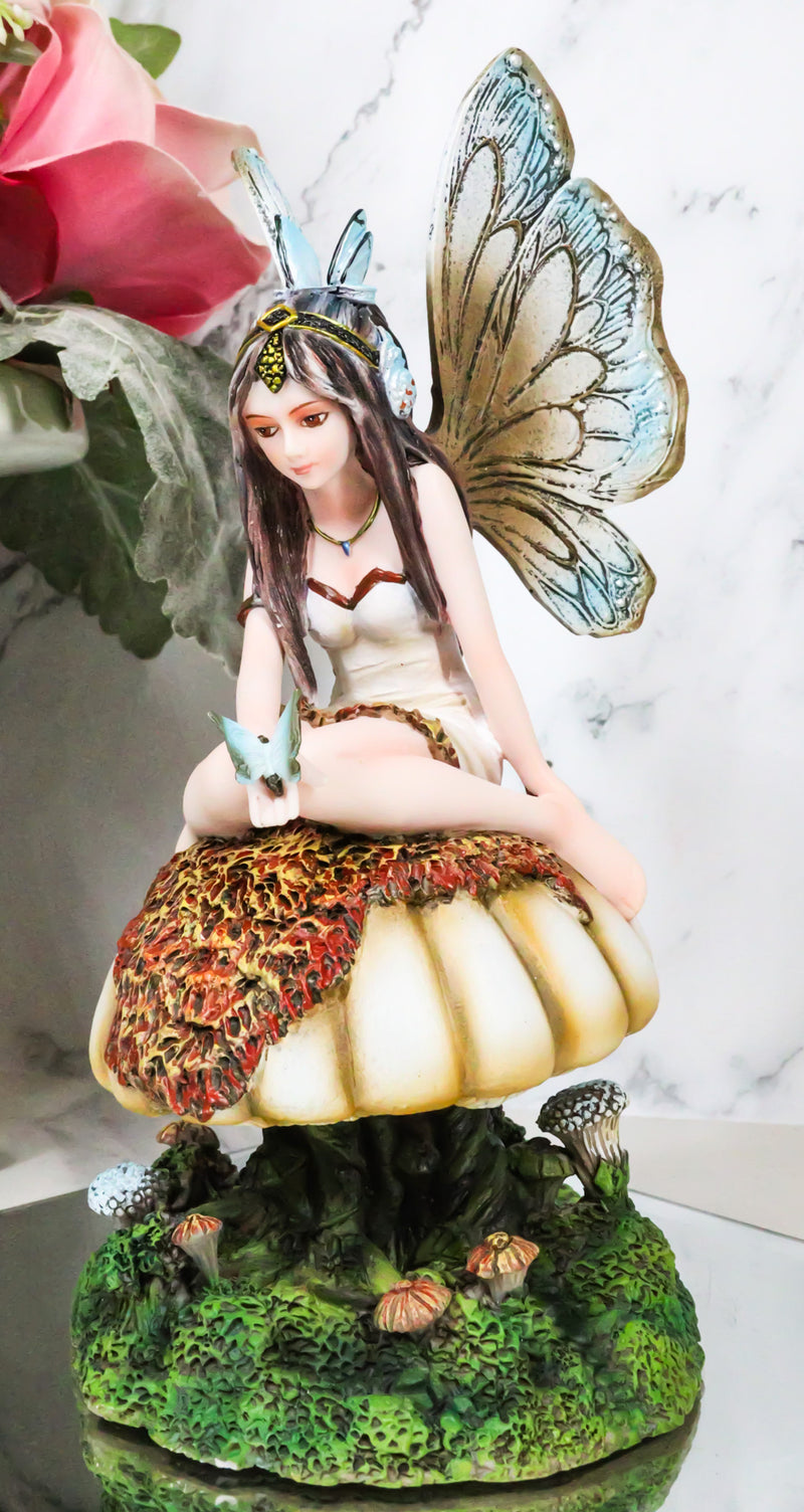 Whimsical Enchanted Garden Butterfly Fairy Sitting On Wild Mushroom Figurine