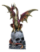 Metallic Red And Gold Dragon On Oversized Witch Skull With Pentagram Figurine