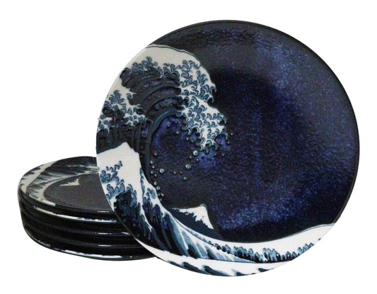 Set Of 6 Blue Japanese Hokusai Great Wave Porcelain Appetizer Salad Small Plates - Ebros Gift
