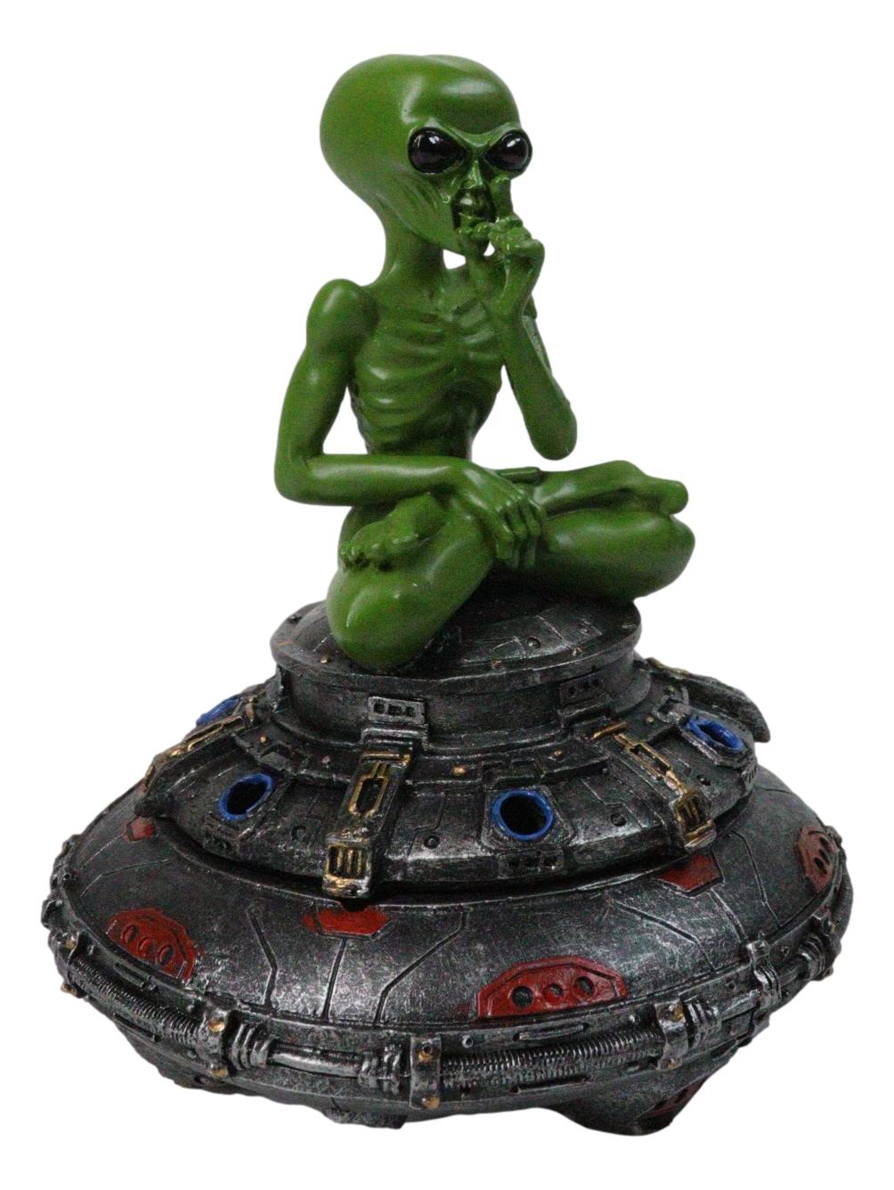 Green Roswell Alien On Spaceship Saucer Incense Burner Decorative Box Figurine