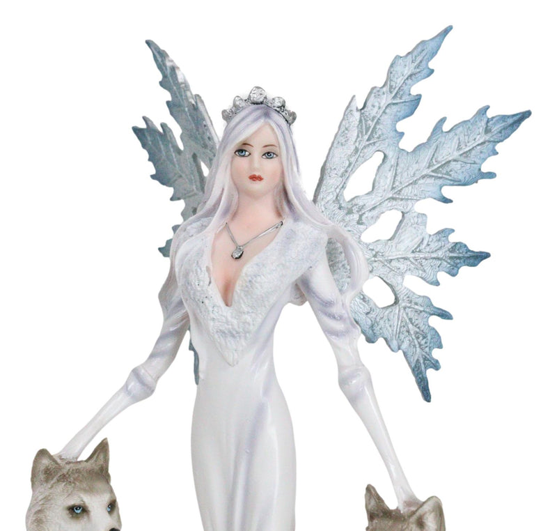 Crowned Fairy Queen in Snow White Gown Accompanied by Arctic Wolves Figurine