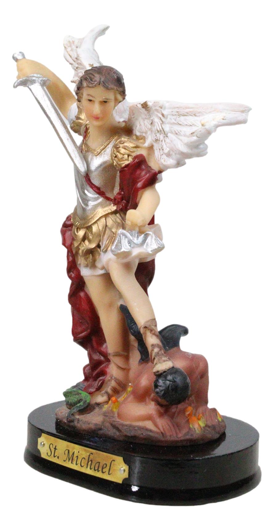 Archangel Saint Michael Wielding Sword Crushing Satan Figurine With Name Base - Ebros Gift